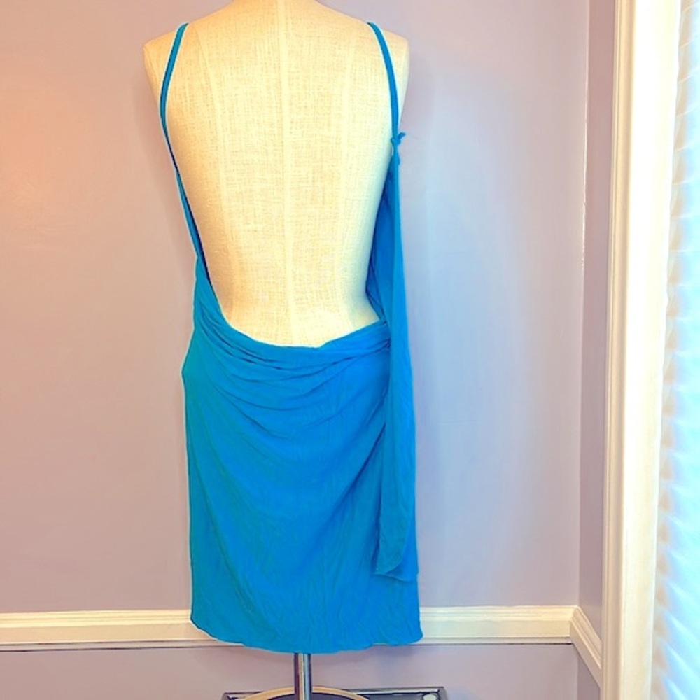 Turquoise deep V neck sexy spaghetti strap wrap draped backless swimsuit coverup - Picture 2 of 11